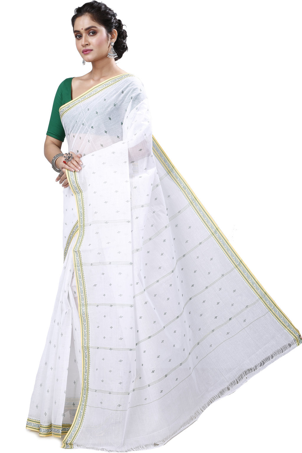 White Green Pure Cotton Regina Tant Saree (985)